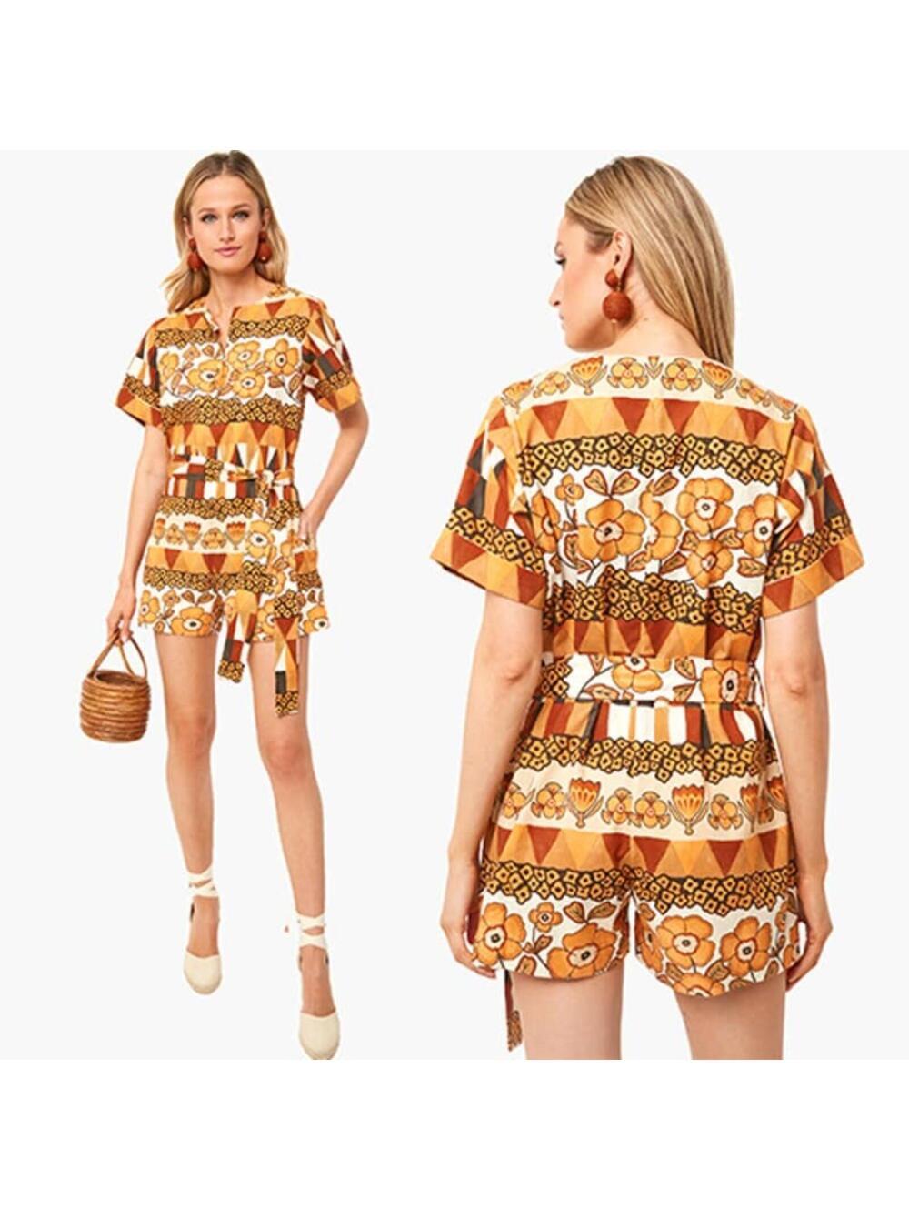 NWOT Carolina K Tilly Belted Romper Rombus Flowers Organic Cotton Small